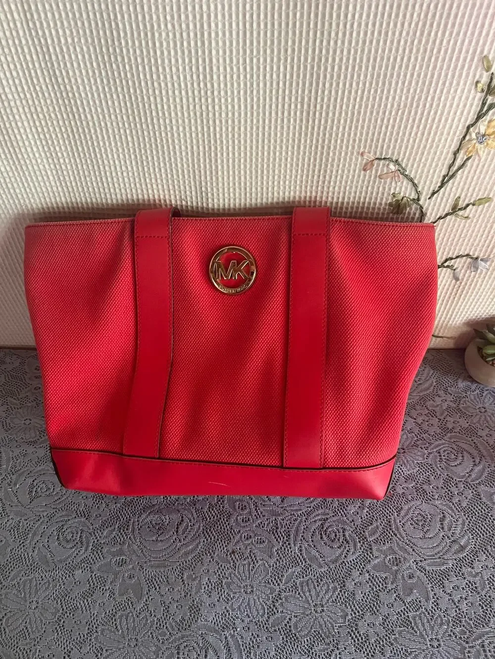 Michael Kors Red Woven Canvas Leather Tote Bag Gold MK Medallion Signature